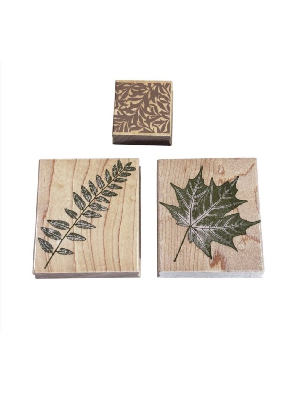 Lot 3 Rubber stamps wood mounted fall leaves 2 large 1 sm maple fern craft cards